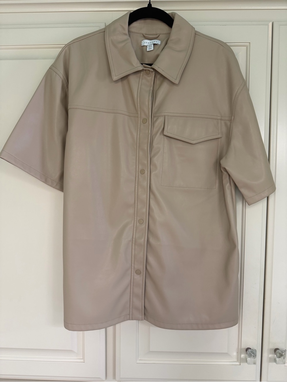Topshop Short Sleeve Faux Leather Shirt Jacket - Beige